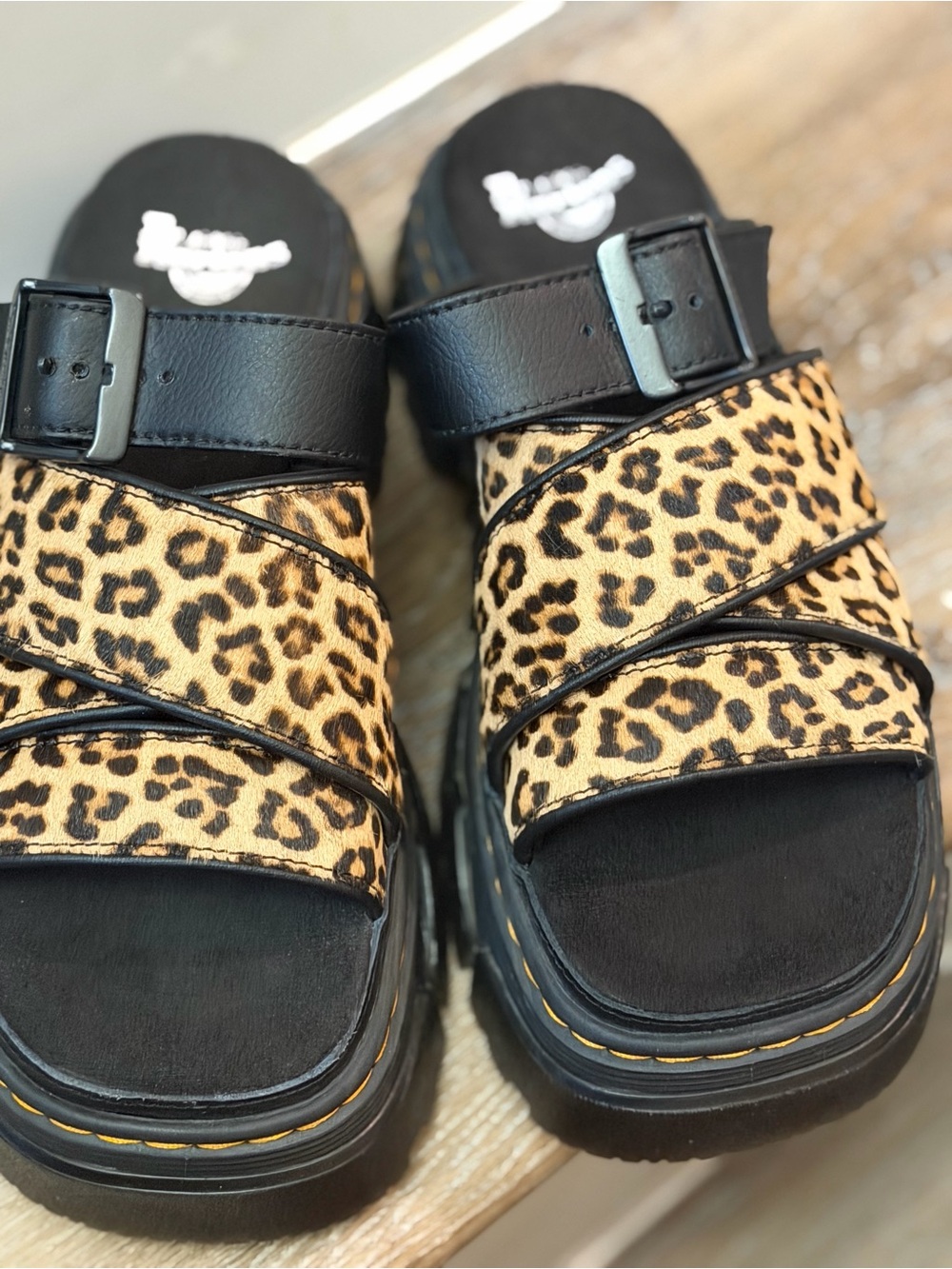 Dr. Martens Leopard Print Platform Sandals in Black and Tan